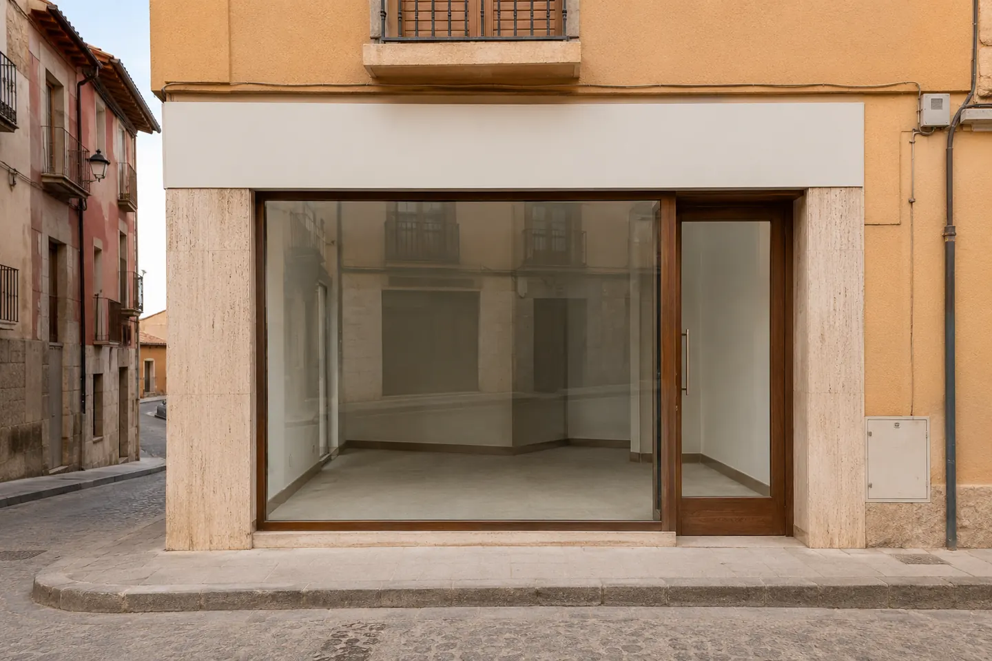 Escaparate de un comercio pequeño con el interior vacío y ordenado, y el frontal sin rotular