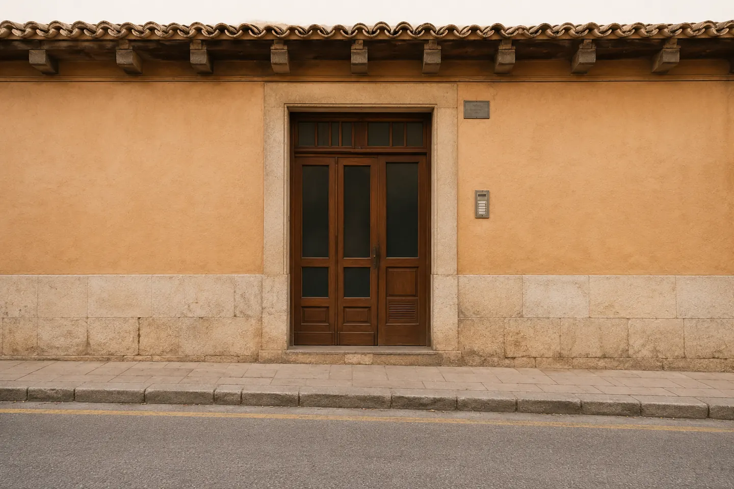Fachada de un bajo comercial vista de frente desde la calzada, con el bordillo en primer término