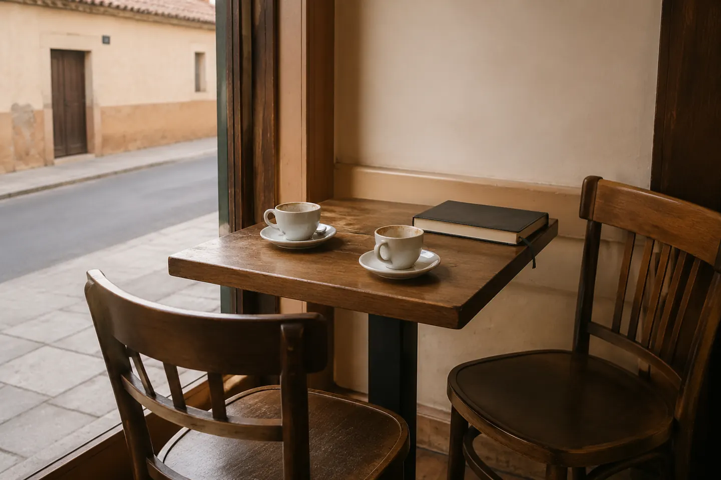 Mesa de bar junto a una ventana con dos tazas usadas y dos sillas enfrentadas, una retirada
