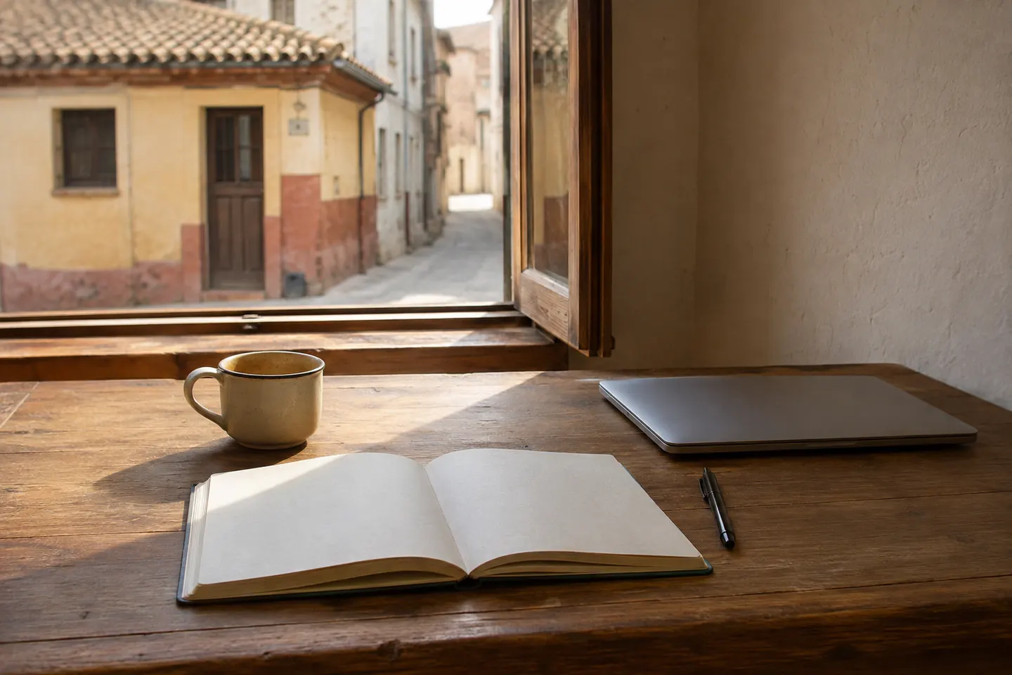 Mesa de trabajo de madera junto a una ventana, con un cuaderno abierto en blanco y un portátil cerrado