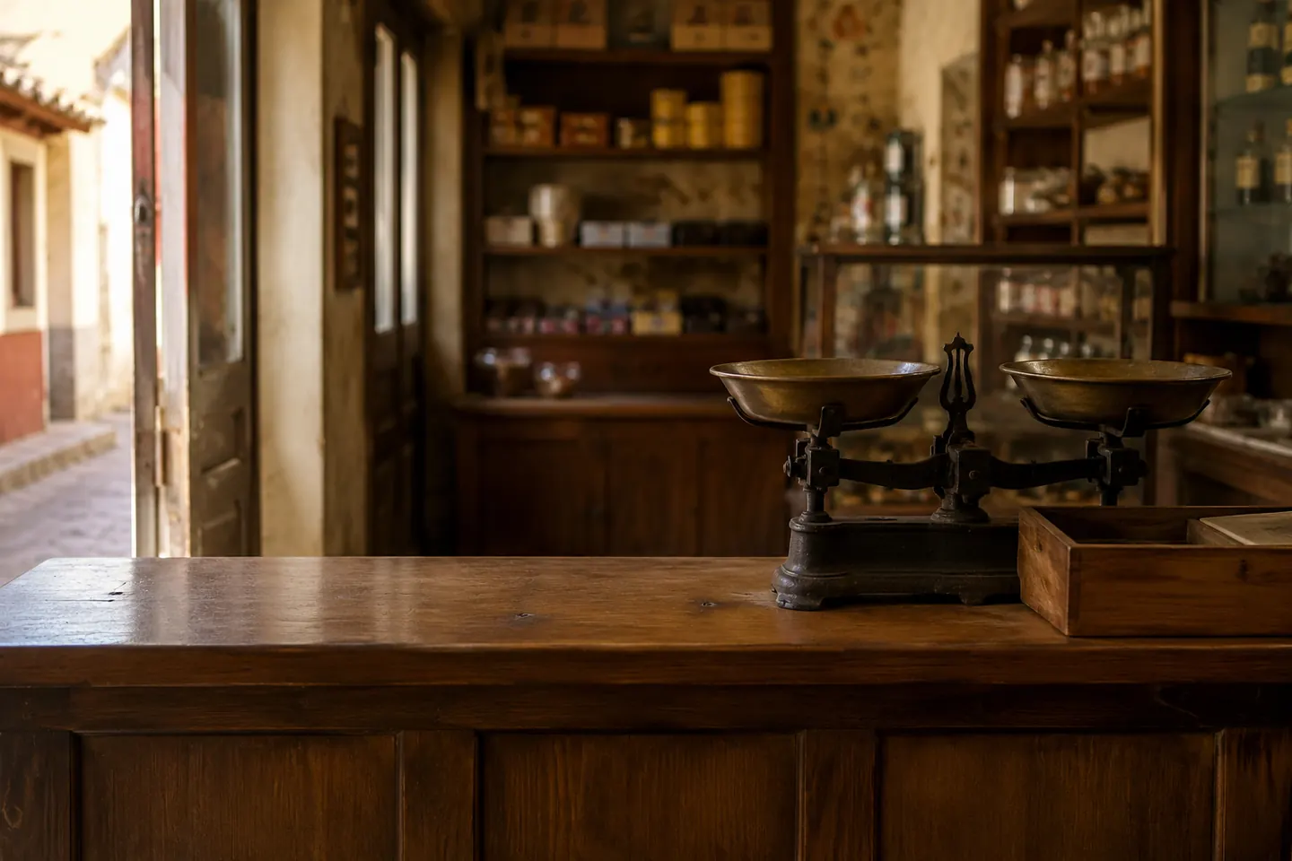 Mostrador de madera de un comercio pequeño, ordenado, con la luz de la puerta entrando de lado