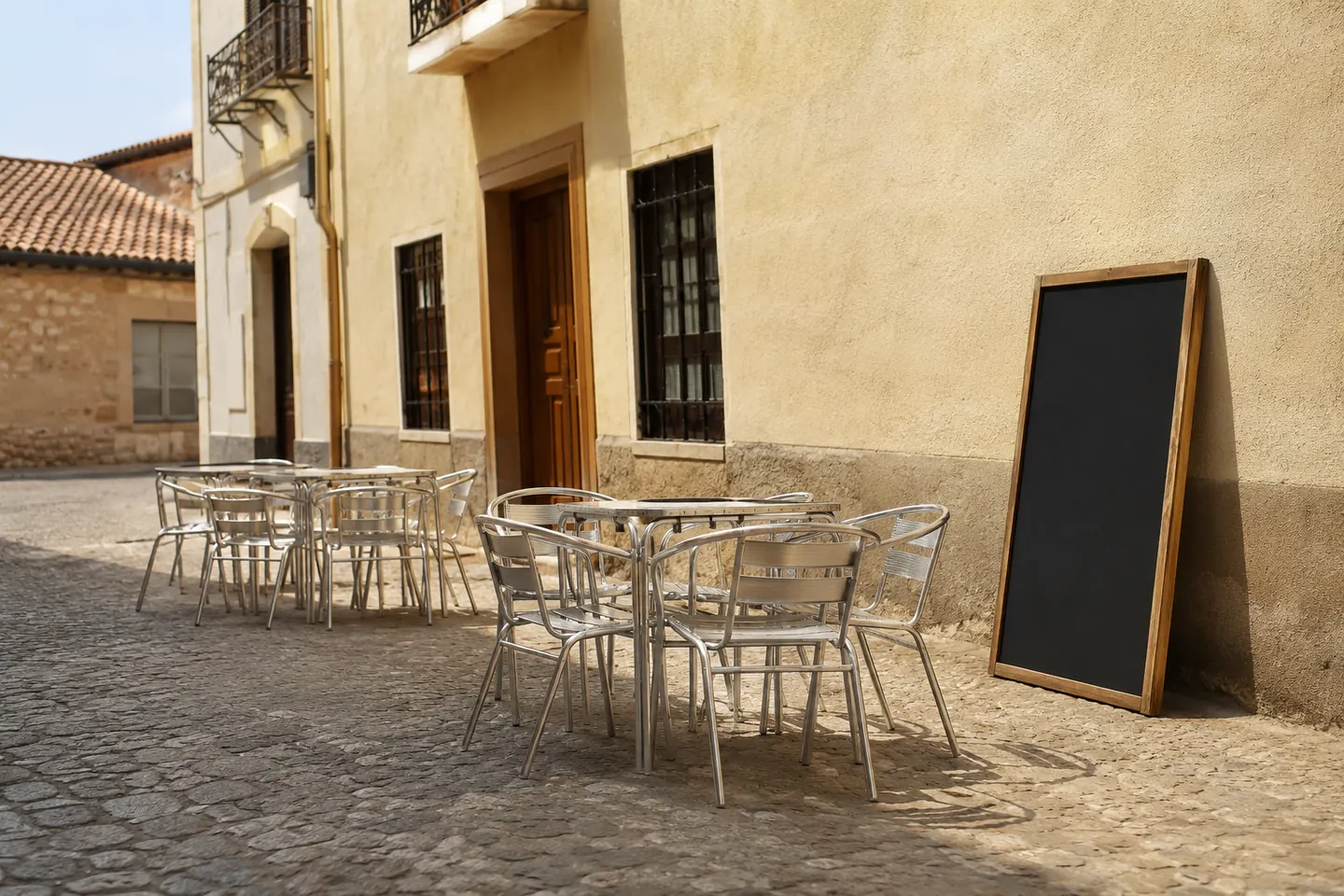 Terraza de bar con mesas y sillas vacías al sol de la mañana, y una pizarra de menú en blanco apoyada en la pared