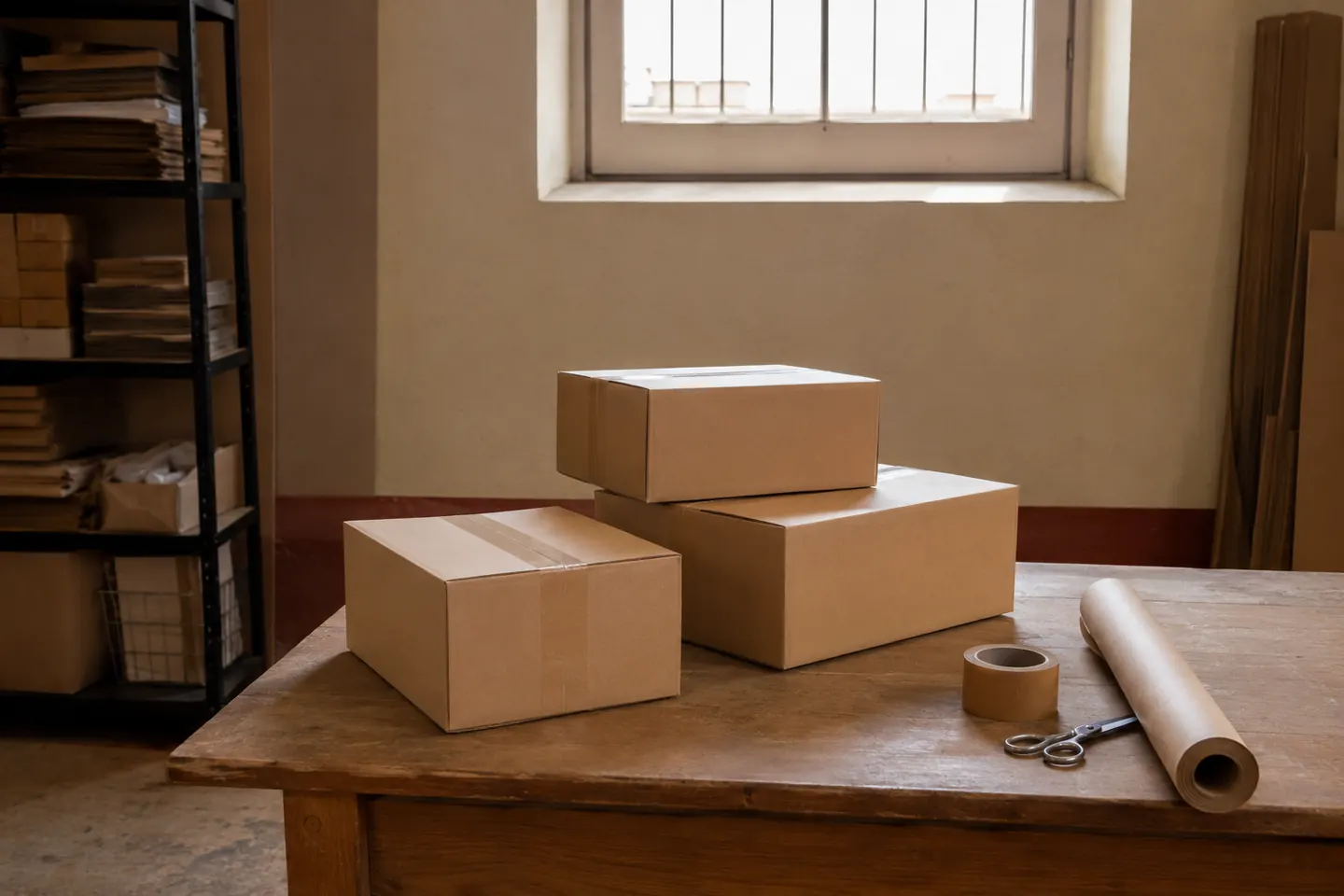 Cajas de cartón precintadas sobre una mesa de trabajo, con papel de embalar y cinta, listas para enviar