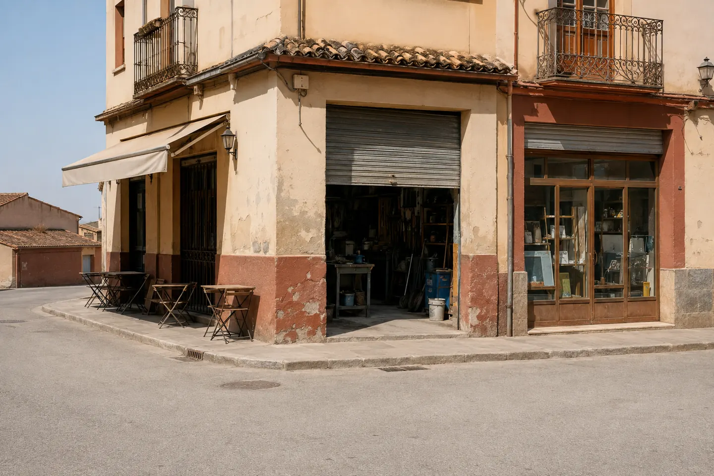 Tres locales seguidos en una esquina, uno con toldo y mesas plegadas, otro con persiana metálica y otro con escaparate