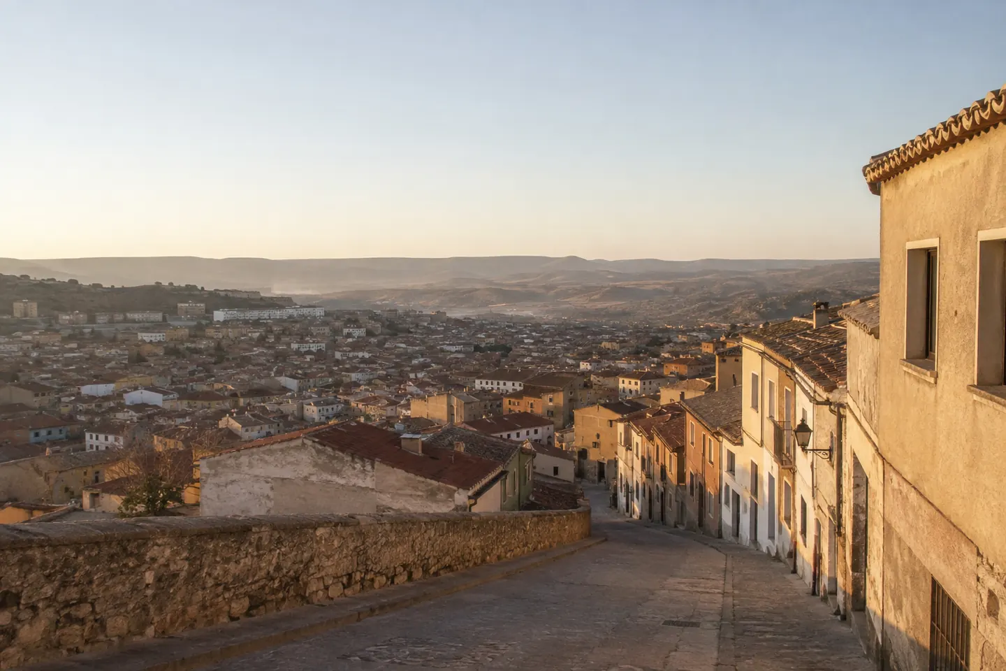 La ciudad vista desde un alto al final de la tarde, con las casas bajando hacia el valle